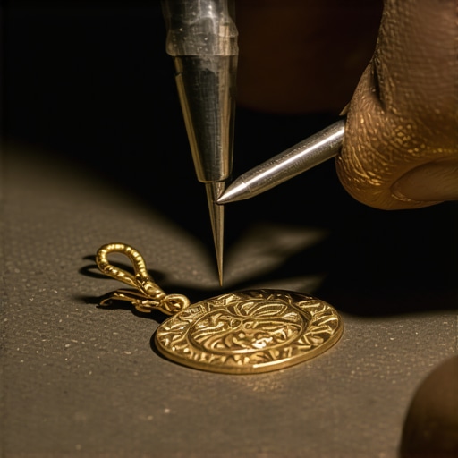 Expert Jewelry Engraving Close-up Jeweler engraving detailed design on pendant with precision tools.