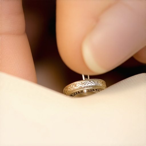 Close-up of a jeweler’s hands engraving a detailed design on a ring with precision tools.