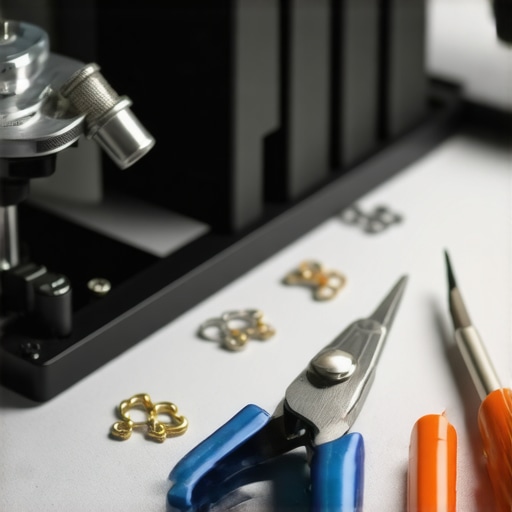 Close-up of professional jewelry repair tools including pliers, beading needles, and magnification lenses, on a jeweler's workbench
