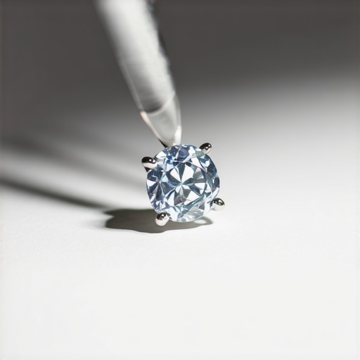 Close-up of jewelry-making process with a jeweler setting a gemstone using prongs.