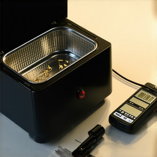 An ultrasonic cleaner and a digital refractometer used for jewelry upkeep.