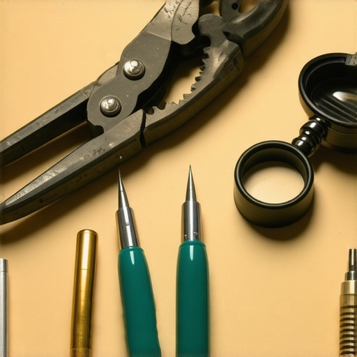 Close-up of jewelry repair tools including pliers and magnifying loupe.