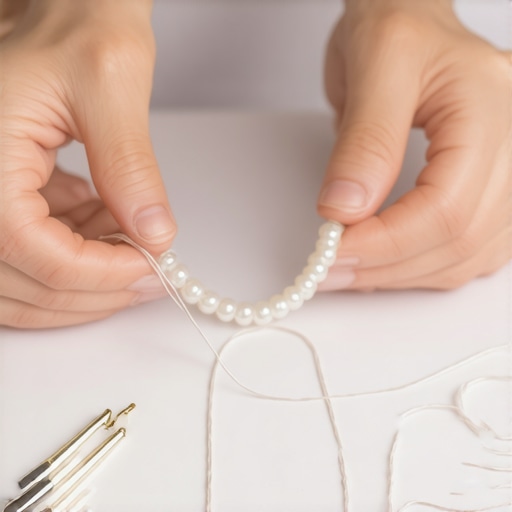 Restringing Pearl Necklace Hands carefully restringing pearls on a delicate necklace using fine silk thread and needle.