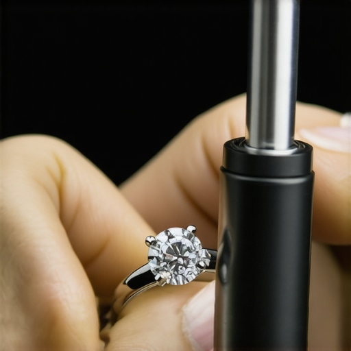 Jeweler using a loupe and tension tester to inspect a gemstone setting