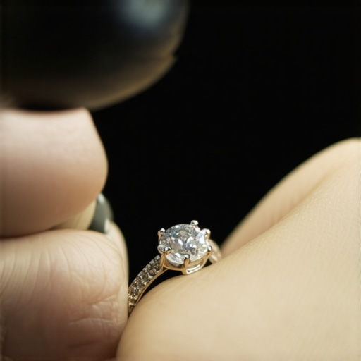 Close-up of a jeweler examining a ring using a magnification loupe for detailed inspection.