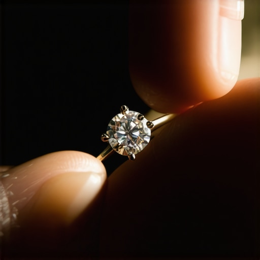A jeweler closely examines a gemstone setting using a loupe, highlighting meticulous inspection.