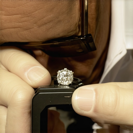 A jeweler examining a diamond ring with a magnifying loupe to check for wear and settings