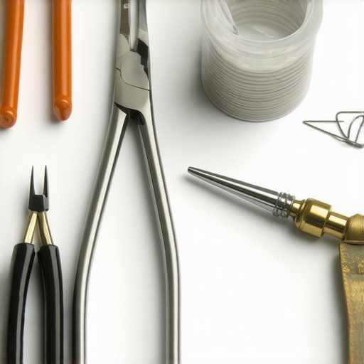 Close-up image of jeweler's tools like pliers and loupe on workspace
