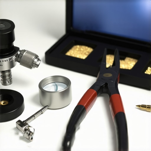 A technician's toolkit including a loupe, fine-tipped pliers, and a computer screen displaying jewelry appraisal software.