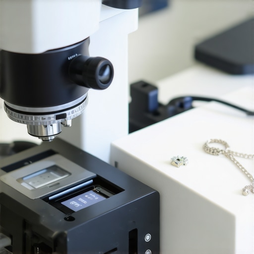 Jewelry inspection scene showing microscope and ultrasonic cleaner.